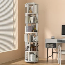 6-Tier Solid Wood Rotating Bookshelf on Wheels, 360° Spinning Book Shelf Towe...