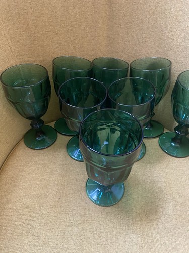 Set Of 7 Vintage Libbey Spanish Green Gibraltar Duratuff Goblets + 1 7” Goblet