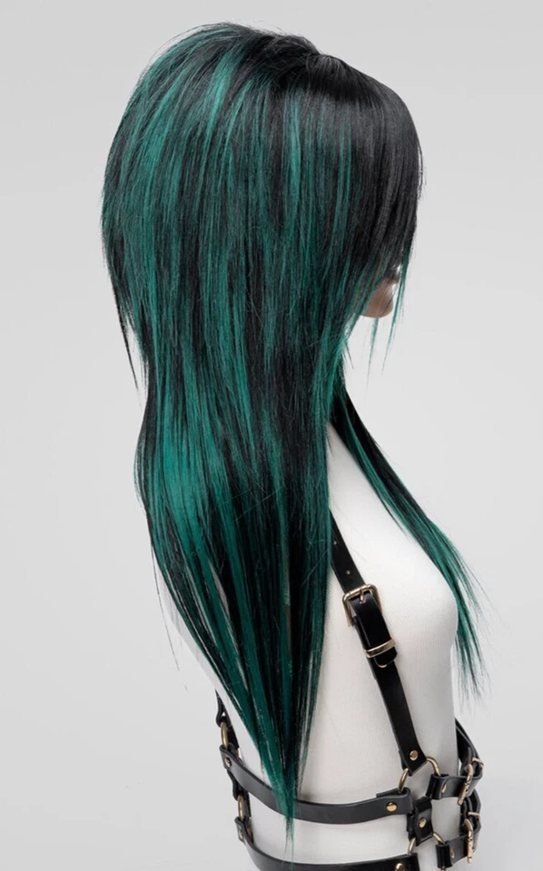 Peluca Emo Negra Verde Larga, Peluca Escena Alternativa, Peluca Peluda en Capas Golpes Laterales Foto 4 de 4