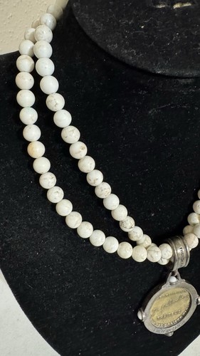 French Kande Double Strand Magnesite Beaded & Brass Medallion Pendant Necklace - Picture 5 of 6