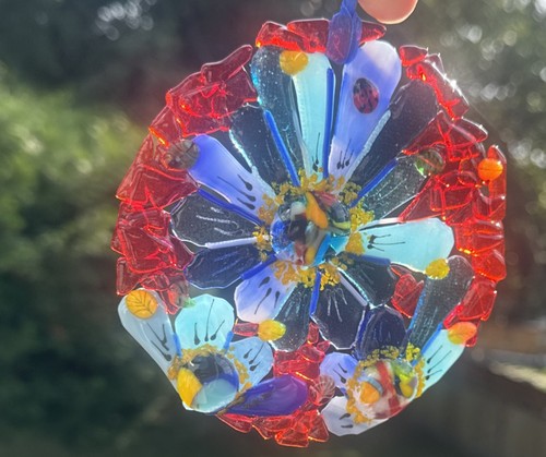 Schmelzglas Handarbeit rund bunt Blume Sonnenfänger signiert vom Künstler - Bild 11 von 22