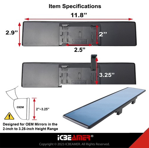 ICBEAMER 300mm Wide Flat Interior Blue Tint Rear View Universal Fit Mirror J715 - Bild 5 von 8