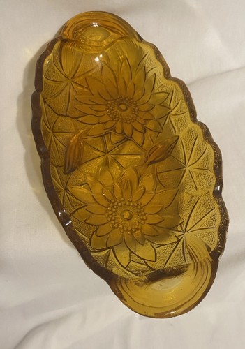 Indiana Carnival Glass "Lily" Amber 9.5" x 4.5" Candy/Snack Dish - Picture 2 of 4