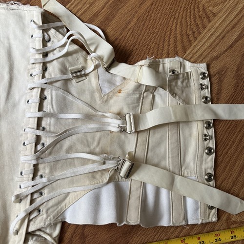 Vintage White Steam Punk Goth Buckle Lace-Up Corset Top Distressed Halloween - Picture 7 of 11