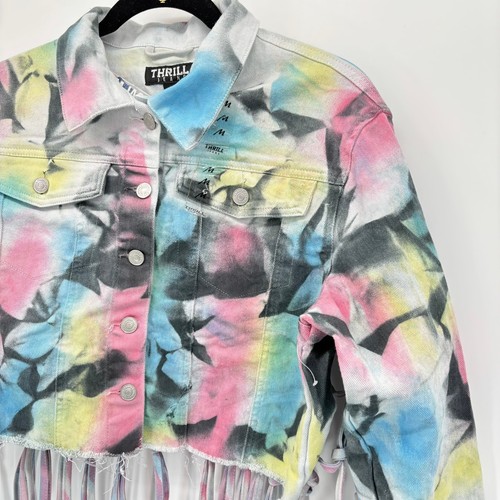 NEW Thrill Jeans Denim Jacket M Cropped Tie Dye Knotted Fringe Distressed - Picture 3 of 10