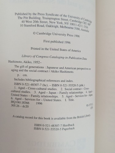Gift of Generations: Japanese & American aging & social contract Hashimoto PB/VG - Picture 3 of 4