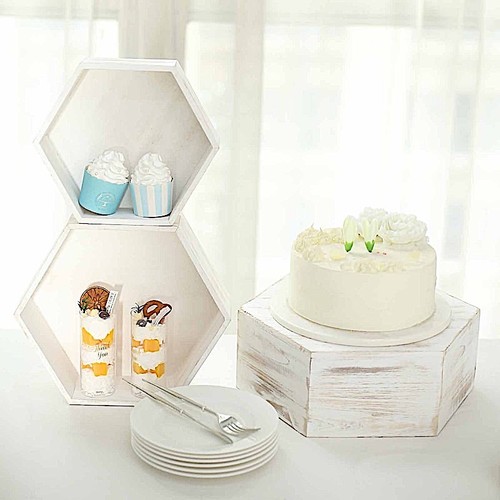3 Whitewashed Hexagon Wooden Cake Stand Cupcake Dessert Holder Party Decorations - Picture 4 of 9