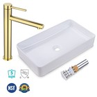 Rectangle Bathroom Countertop Vessel Sink & Gold Mixer Faucet Set w/Pop Up Drain