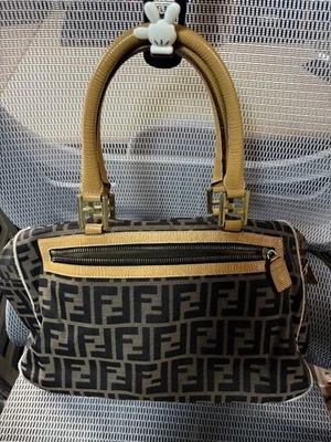 Sac à main Fendi vintage Zucca toile poignée cuir marron or logo F... - Photo 1/4