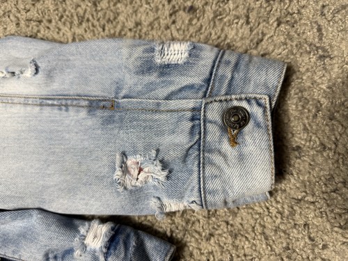 Free People Women's L Sherpa Fleece Collar Distressed Denim Trucker Jacket - Picture 6 of 14