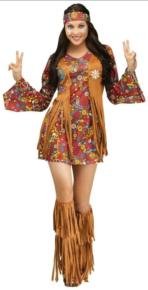 Fun World Groovy 60s Peace Love 嬉皮成人服装中号 10-14 全新无标签 260 — 第 2/2 张图片