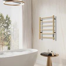 Gold Heated Towel Warmer Rack 6-Bar Electric Wall Mount with Timer & Touch Panel