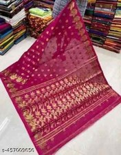 Indian Women's Dhakai Jamdani Cotton Silk Saree Without Blouse Festive Wear Sari