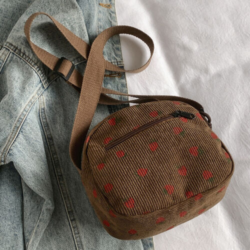 Cute Strawberry Shoulder Bag Corduroy Trendy Crossbody Bag for Women (White) - Picture 6 of 12