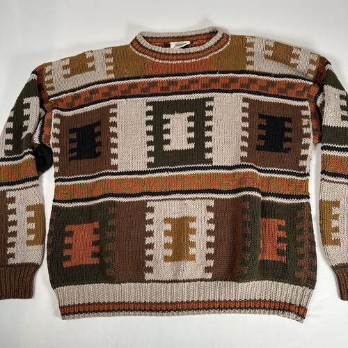 Field Gear Knit Sweater Fall Brown Orange Green Aztec Print Unisex Large - XL