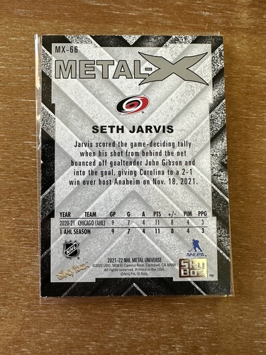 2021-22 METAL UNIVERSE SETH JARVIS METAL X RC SSP 1:240 HURRICANES TOUGH PULL - Picture 2 of 2