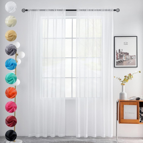 Solid Sheer Rod Pocket Curtain Voile Draperies 2 Panels White Beige Black Grey C - Picture 12 of 12