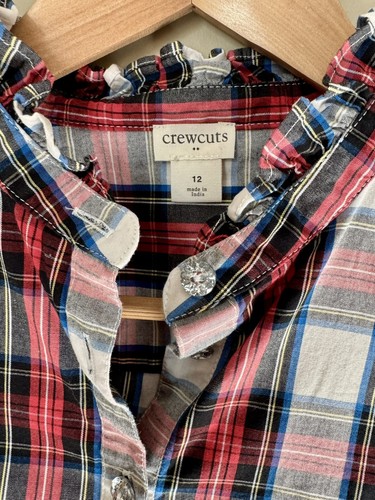 J Crew Crewcuts Preppy Plaid Ruffle Collar Button Up Shirt Girls 12 EUC Party - Picture 3 of 6
