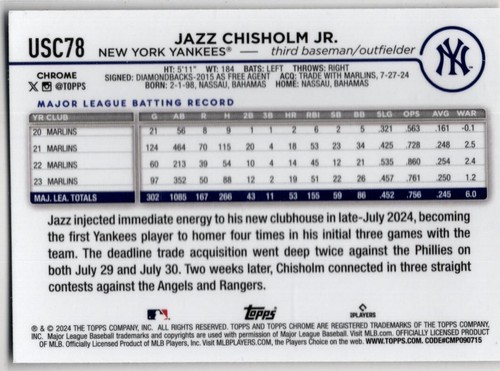 2024 Topps Chrome Update Baseball Jazz Chisholm Jr. No. USC78 New York Yankees - Picture 2 of 2