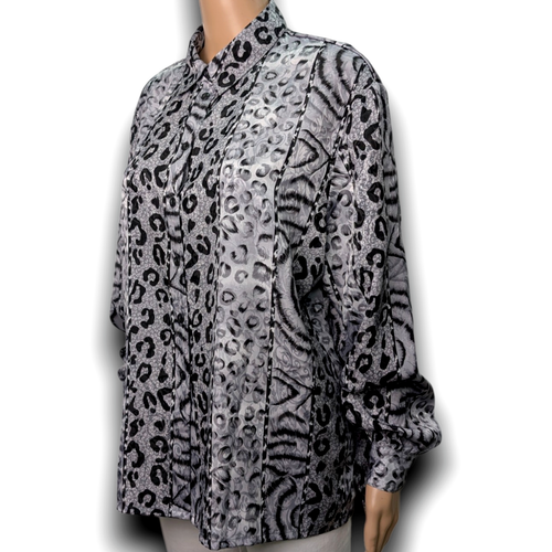 Alia Petite Blouse Size 18P Silver Leopard Print Shimmer Full Sleeve Button Up - Picture 4 of 7