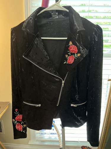 Disney COCO steam punk velvet like Jacket Emo Juniors S Black Floral Embroidered - Picture 1 of 9