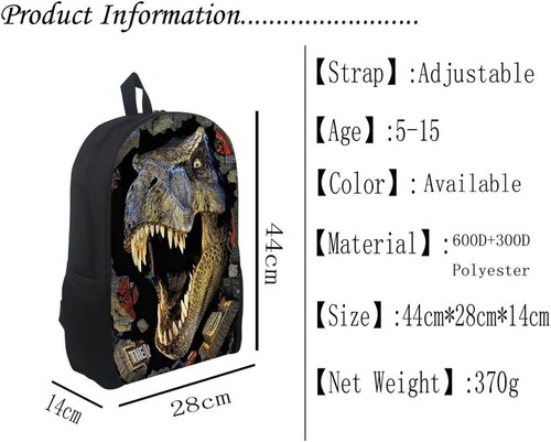 Dinosaur Print Polyester School Bag Rucksack Backpack for Boys - Picture 2 of 7