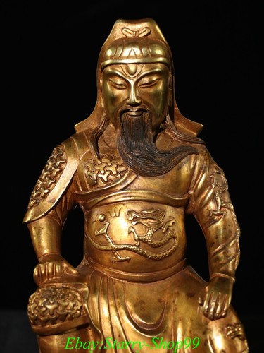 China Bronze 24K Gold Sit GuanYu Dragon Guan Gong knight GuanGong warrior Statue - Picture 2 of 9