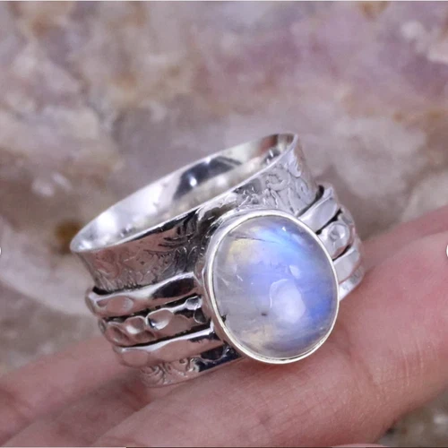 925 Silver Ring, Moonstone Ring, Womens Spinner Band Ring, Wide Band , All Size