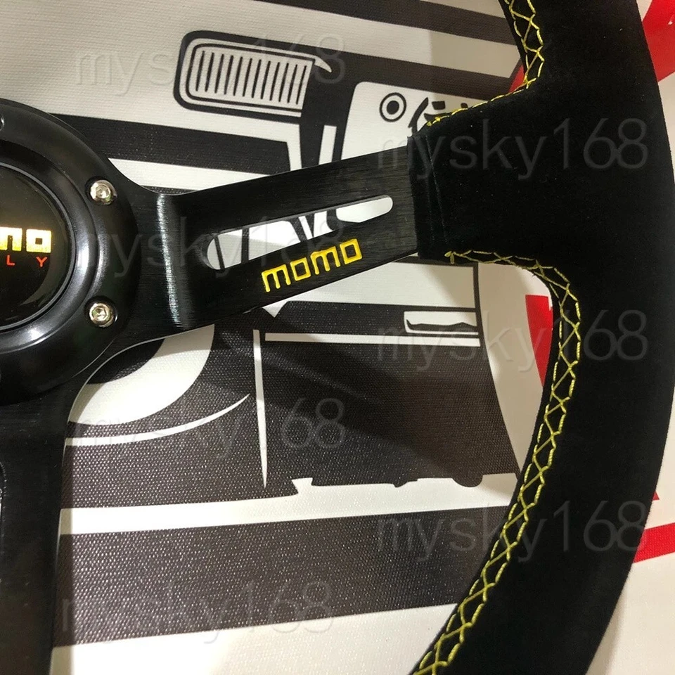 13'' Deep Dish Racing MOMO Steering Wheel Car Suede Leather Yellow Horn - Image 2 of 4