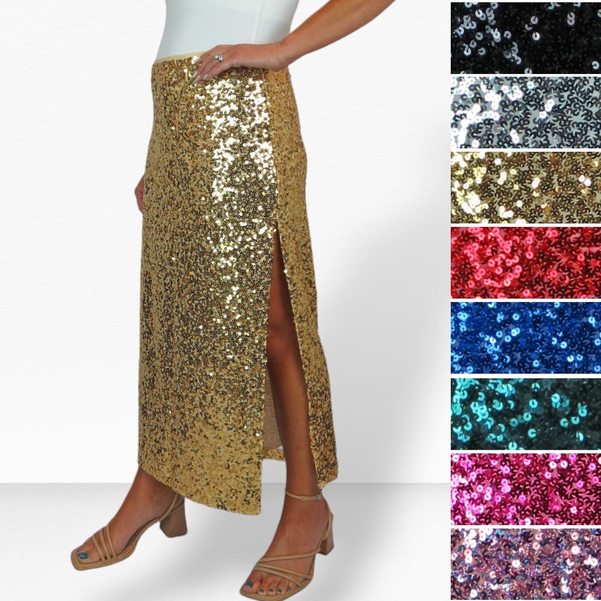 Ladies Sequin Maxi Skirt Sparkly Elegant Fully Lined Skirt with Open Slit  8-22