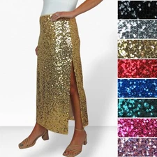 Ladies Sequin Maxi Skirt Sparkly Elegant Fully Lined Skirt with Open Slit 8-22