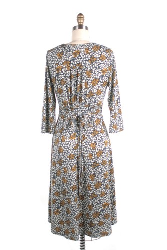 SAMPLE SALE S FROCK SHOP 3/4 Sleeve Navy/Mustard Leaf Print Jersey A-line Dress - Picture 3 of 8