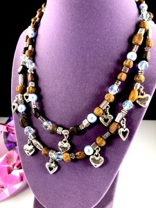 BRIGHTON-2-STRAND-039-ZEN-GARDEN-039-WOOD-BLUE-BEAD-SILVER-PLATED-HEART-CHARM-NECKLACE