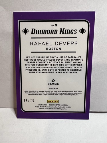 Rafael Devers 2021 Panini Optic Diamond Kings #5 Blue Prizm 33/75 Boston Red Sox - Bild 2 von 2