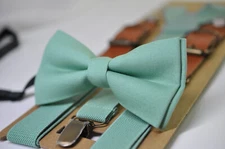 Sage Green Cotton Bow tie bowtie + matched Elasitc Suspenders Braces 