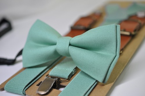 Sage Green Cotton Bow tie bowtie + matched Elasitc Suspenders Braces  - Picture 1 of 18