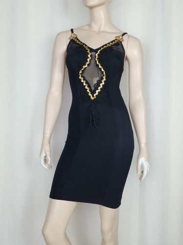 80s 90s Bodycon Club Party Dress molded cups Sheer Mesh Mini Black Gold XS/S - Picture 1 of 12