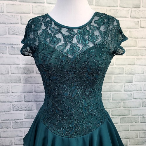 Vintage 90s Late Edition S/M Dark Green Lace Chiffon Tiered Fit Flare Cocktail - Picture 2 of 10