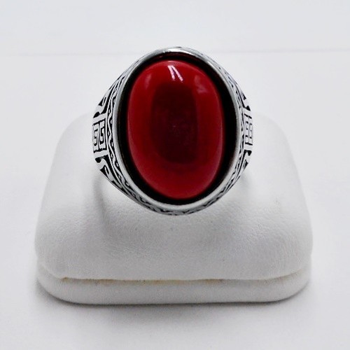 Ring men red coral simulated stainless steel silver Turkish Ottoman Oval SIZE 9 - Picture 2 of 4