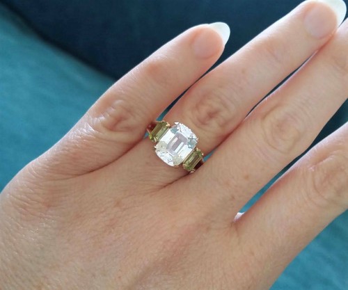3Ct Cushion Simulated Diamond Peridot Trilogy Engagement Ring Rose Gold Plated - Picture 4 of 5