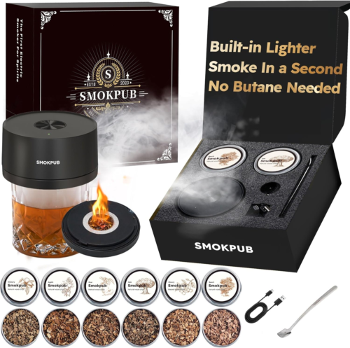 Electric Whiskey Smoker Kit with 6 Wood Chips, Rechargeable Cocktail Smoker Kit