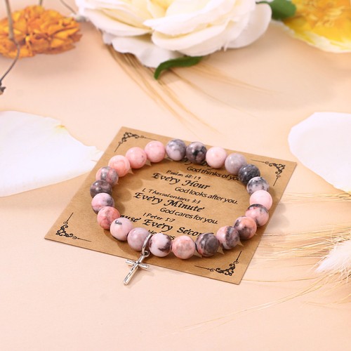 Natural Stone Cross Bracelet with Bible Verse Prayers Card Religious Gift Women - Picture 28 of 42