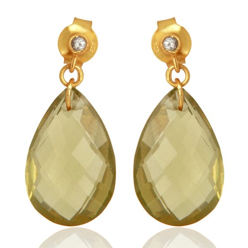 Briolette lemon topaz gemstone 925 Silver yellow gold plated drop earrings - Picture 2 of 5