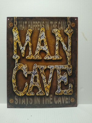 Tin Sign What Happens In The Man Cave Saw Shaped Brown 70x15x2.5cm Tin Sign What Happens In The Man Cave Saw Shaped Brown 70x15x2.5cm