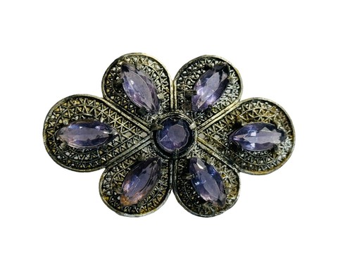Vintage Art Deco Pot Metal Filigree & Purple Rhinestone Brooch Pin - Picture 3 of 3