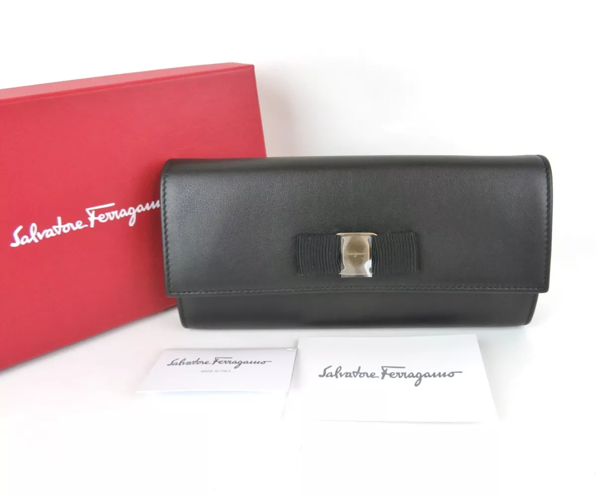 Auth Salvatore Ferragamo Italy Vara Bow Black Leather Long Wallet 22A817 Box