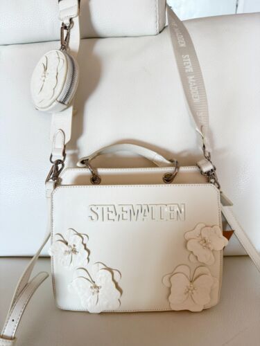 NWT STEVE MADDEN BEVELYN FLORAL APPLIQUE SATCHEL CROSSBODY BAG VANILLA W POUCH - Picture 2 of 6