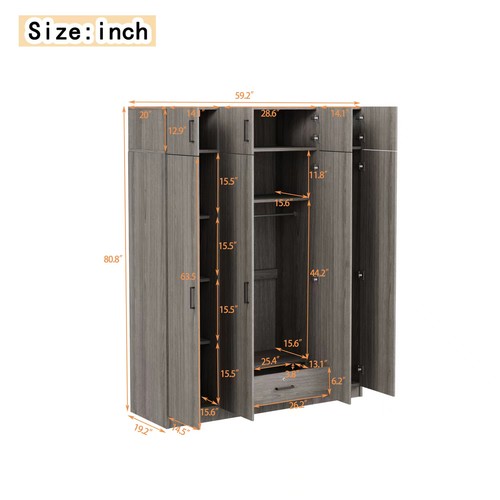 4 Doors Freestanding Wardrobe Armoire Closet Organizer Cabinet Drawer, Shelves - Picture 12 of 12