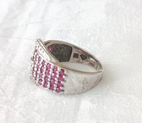 Sterling Silver Buckle Ring Wedding Band Pave Design Prong Set Ruby Red Stones - Picture 5 of 5