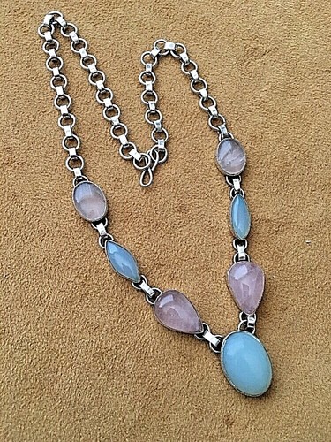 Sterling Silver .925 Rose Quartz And Blue/green Agate 20" Necklace 50.8 Grams - Picture 2 of 11